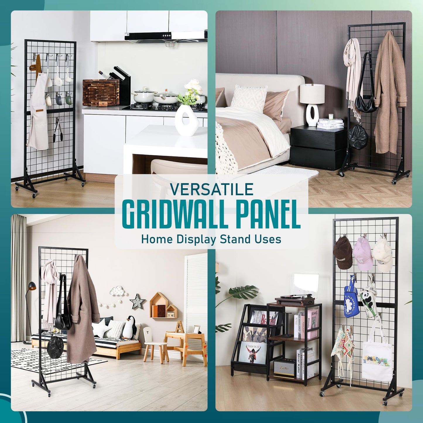 2 Gridwall Panels | 5 FT Tall x 2 FT Wide Portable Display Stand for Vendor Events with Caster Wheels | Heavy Duty Grid Wall with 16 Hooks Included | Gridwall Panel Display Stand for Easy Assembly