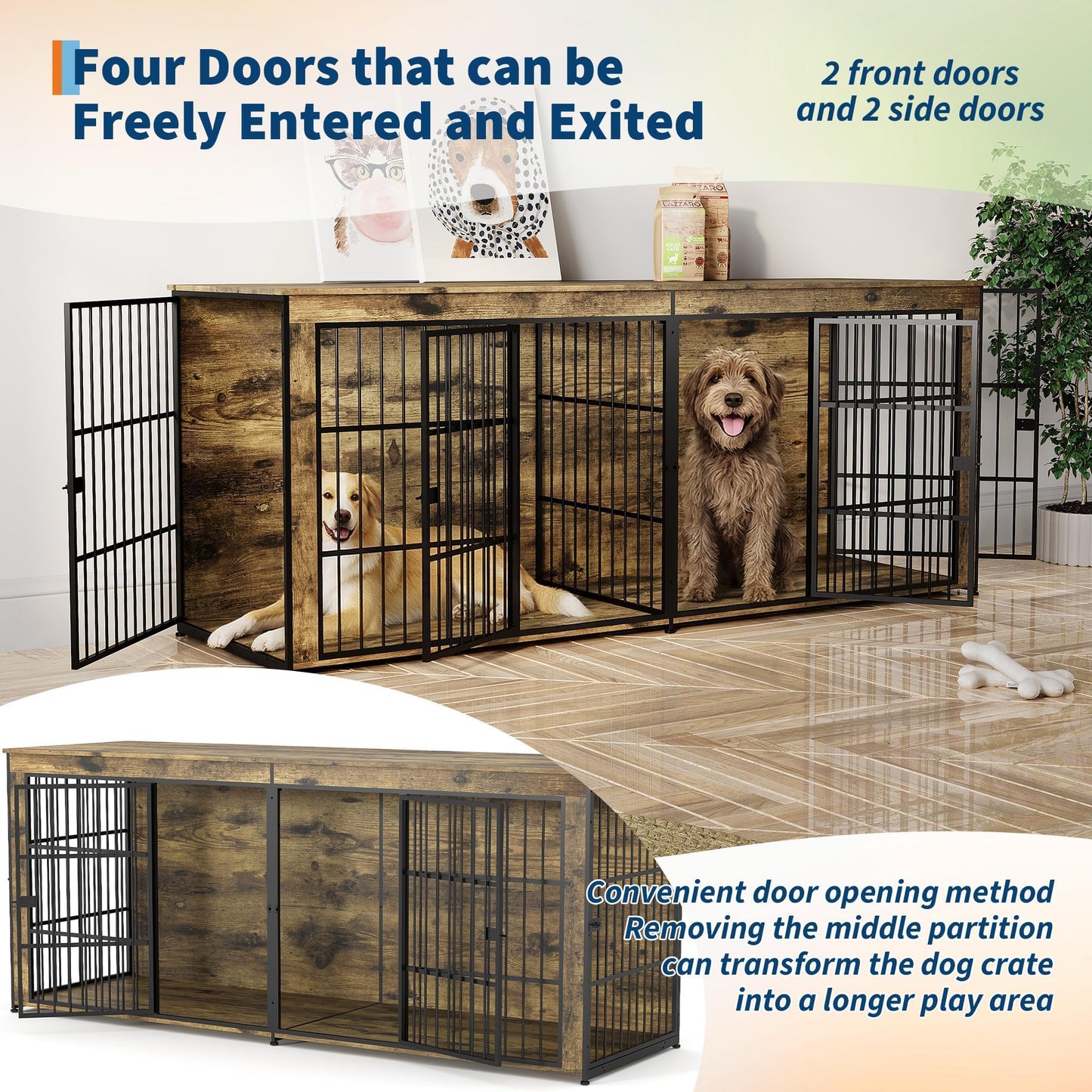 94.5" Dog Crate Furniture, Dog Kennel Furniture with Divider, Lockable, Wooden Crate TV Stand End Table for Large Medium Dogs, Rustic