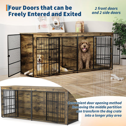 94.5" Dog Crate Furniture, Dog Kennel Furniture with Divider, Lockable, Wooden Crate TV Stand End Table for Large Medium Dogs, Rustic