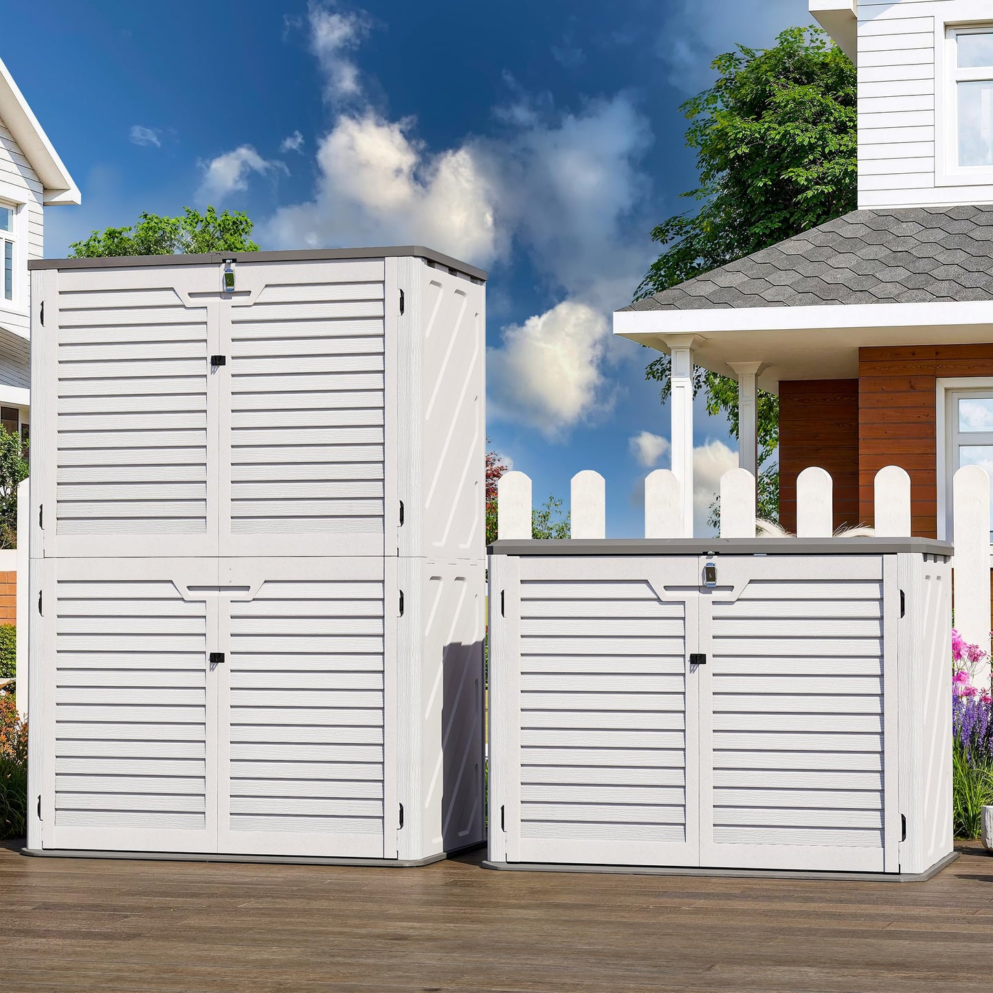 WillowLume 65 Cu.Ft Outdoor Storage Shed, Lockable Outdoor Vertical Resin Storage Cabinet with Floor, All-Weather Waterproof Shed for Garden, Backyard, Pool (65 cu ft)