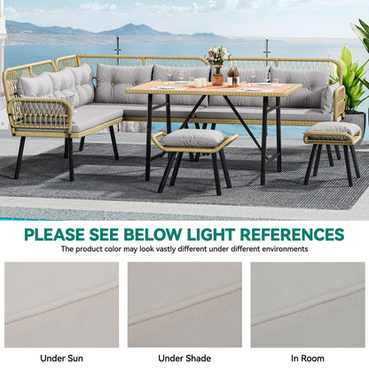 YITAHOME Patio Wicker L-Shaped Furniture Set, All-Weather Rattan Outdoor Conversation Sofa Set for Backyard Deck with Soft Cushions,Ottomans and Wood-Like Dining Table, Light Brown+Gray
