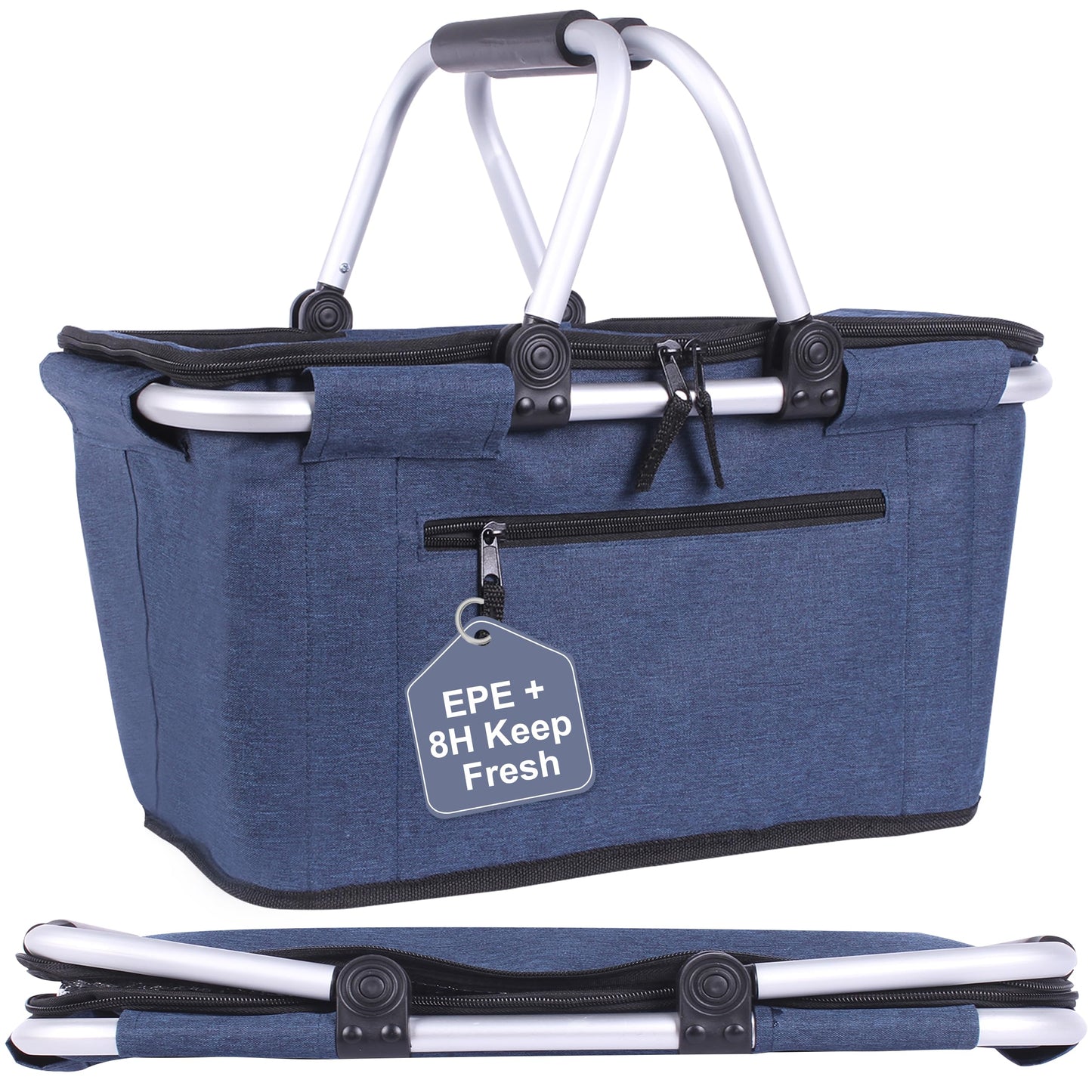 Picnic Basket, SIYUAN Collapsible Shopping Basket with Lid 27L Large Market Basket with Handles Reusable Folding Grocery Basket Insulated Cooler Bag for Picnic Travel, Blue