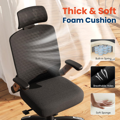 GABRYLLY Ergonomic Office Chair, High Back Home Desk Chair with Flip-Up Arms, 3D Headrest, Thick Sponge Seat &90-120° Recline, Big and Tall Mesh Executive Chairs for Man Woman, Black Woodgrain