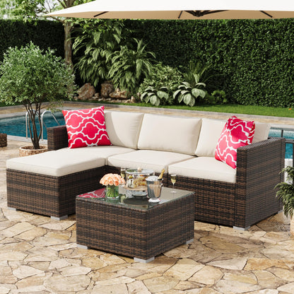 MilleLoom 5-Piece Outdoor Sectional Sofa Set, All-Weather PE Rattan Patio Furniture with Ottoman & Tempered Glass Table, Convertible Garden Couch for Backyard, Porch, Poolside (Brown/Beige)
