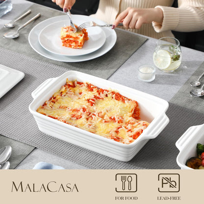MALACASA Casserole Dish - 4.4 Qt Porcelain Baking Dish with Lid & Handles | Microwave Safe, White