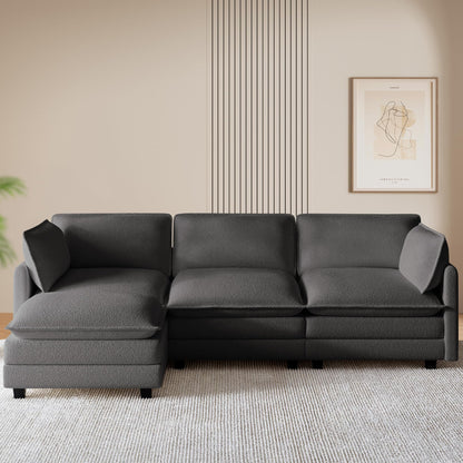 ROWHY 112'' Sectional Cloud Couch with Movable Ottoman, 4 Seat Modern Chenille Modular Sofa with 2 Throw Pillows, Deep Seat L Shaped Couch for Living Room Bedroom Apartment, Dark Grey