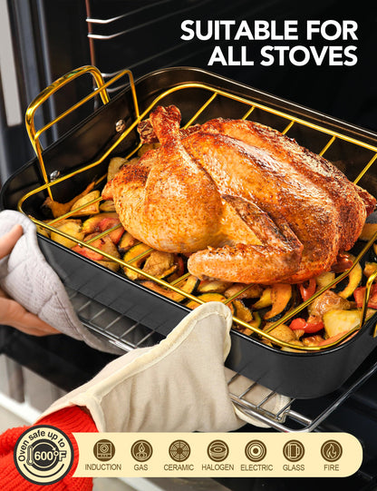MICHELANGELO Roasting Pan with Rack, Carbon Steel Turkey Roasting Pan for Oven and Induction, Nonstick Turkey Roaster Pan with Stainless Steel Golden Rack & Golden Handle, 15 Inch x 11 Inch