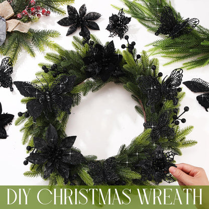 Thiccywoov 122 Pcs Christmas Glitter Poinsettia Artificial Flowers Berry Picks Butterfly Christmas Tree Ornaments 3 Styles Poinsettia kit with Clip for Xmas Wreath Home Tree Decor(Black)