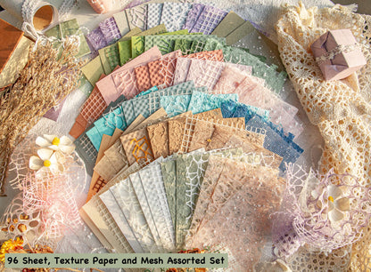 96 Sheets Textured Scrapbook Paper and Mesh Fabric Assorted Set - 6 Pack Mixed Special Paper for Scrapbooking Planner Bullet Junk Journal Supplies Mixed Media Collage Card Embellishments 3.9x5.5 Inch