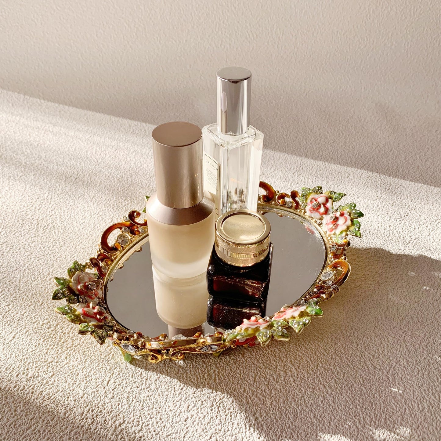 Pasiir Gold Mirror Vanity Tray, Hand Painted Decorative Jewelry Tray, Metal Makeup Tray for Vanity, Dresser, Countertop
