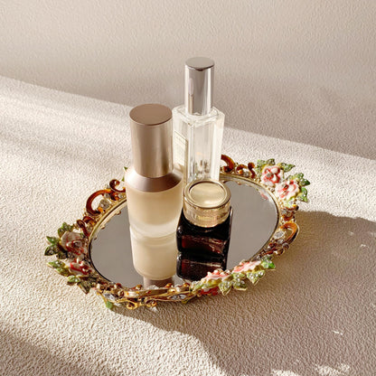 Pasiir Gold Mirror Vanity Tray, Hand Painted Decorative Jewelry Tray, Metal Makeup Tray for Vanity, Dresser, Countertop