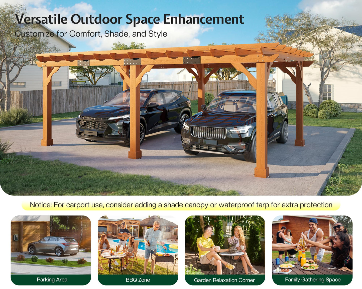 Jocisland 12x20 FT Premium Cedar Wood Pergola with Trellis Roof & Weather-Resistant Support, Outdoor Pergola Kit with Stakes, Garden Gazebo for Patio, Backyard & Events, Reddish-Brown