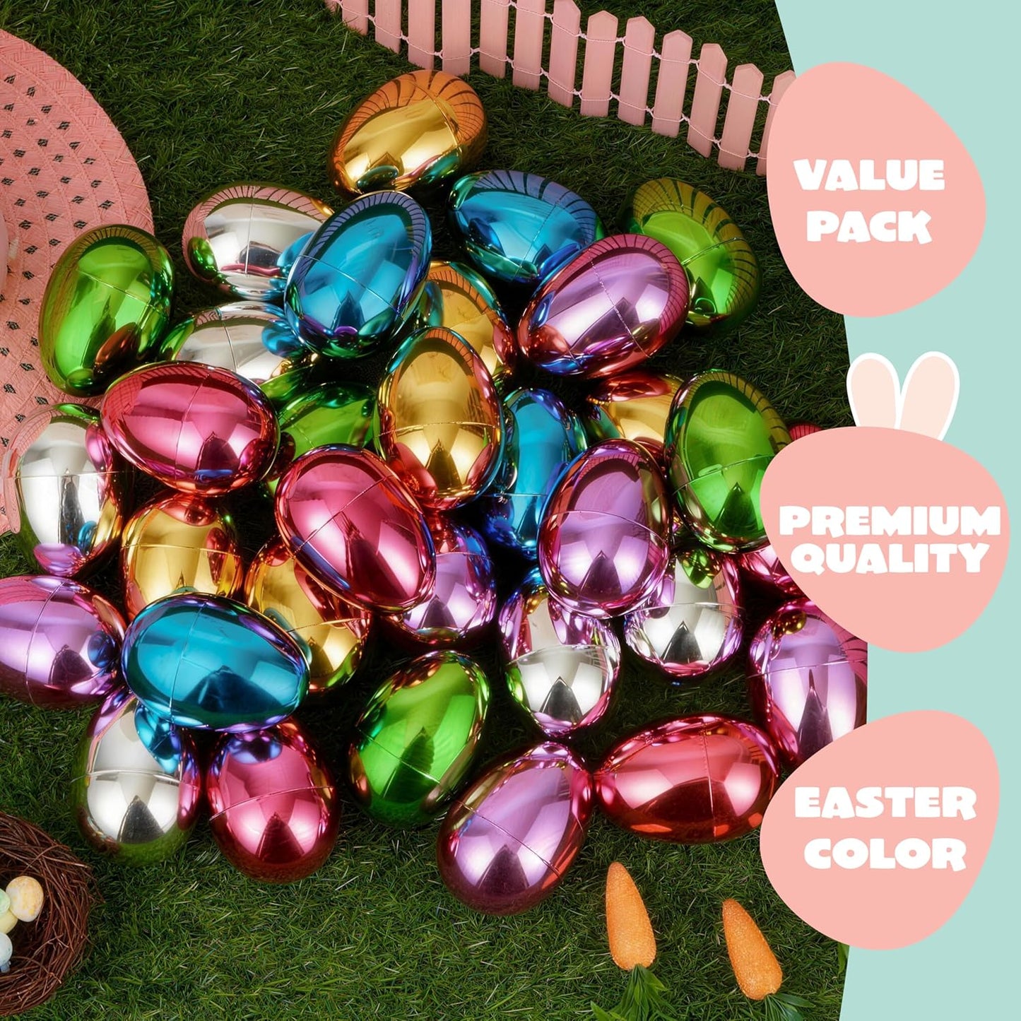3.15" 72 JOYIN Metallic Easter Eggs, Shinny Plastic Eggs Colorful Bulks for Easter Hunt, Filling Treats, Easter Basket