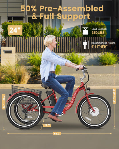 MOONCOOL Electric Tricycle for Adults, 350W 36V Removable Battery, 7 Speeds 3 Wheels Electric Trikes with Large Basket Up to 60Miles