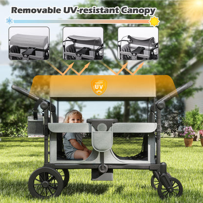 TOLEAD Wagon Stroller for 4 Kids, Foldable 4 Seats Outdoor Stroller Wagon with Canopy, Adjustable Handlebars, 5-Point Safety Harness, Detachable Tray, Portable Bag (Grey)