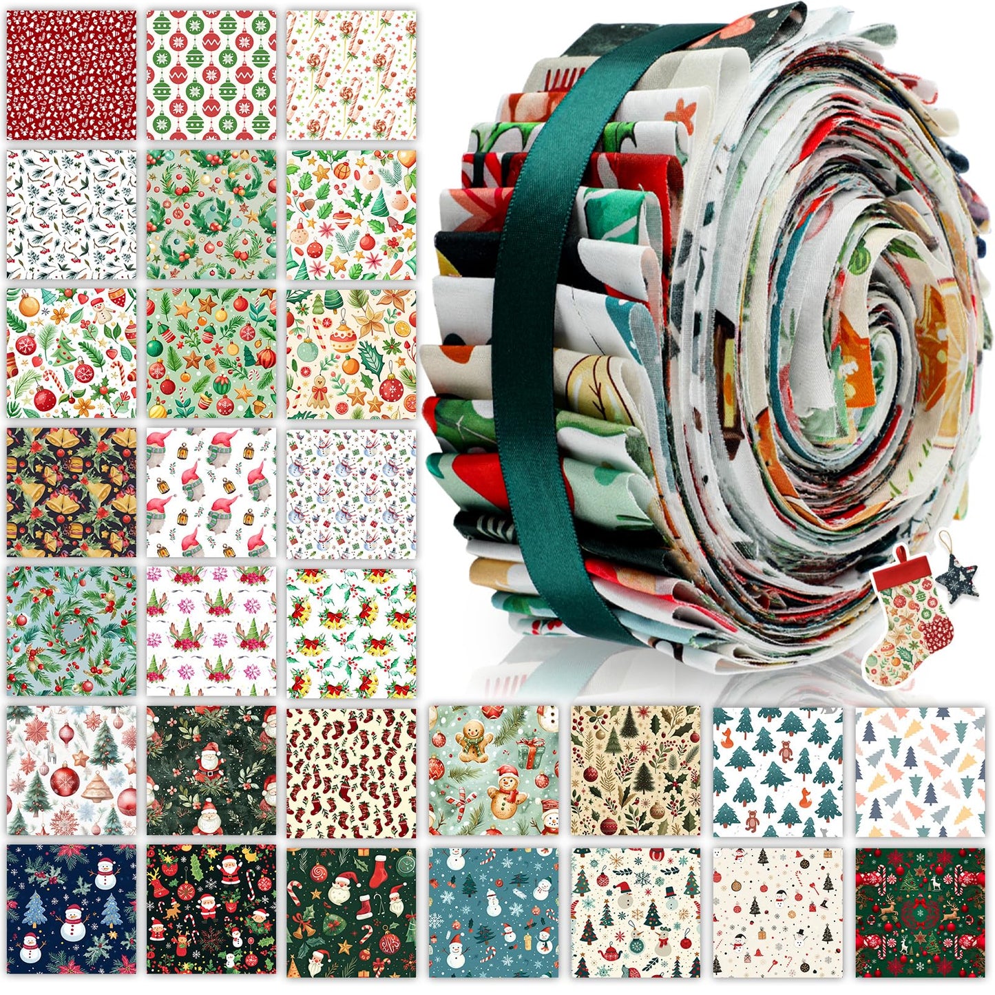 Hahafelt 60 Pcs Fabric Strips for Quilting 2.6 x 40" Floral Cotton Fabric Bundles Precut Patchwork for Gift Sewing DIY Crafts(Winter)