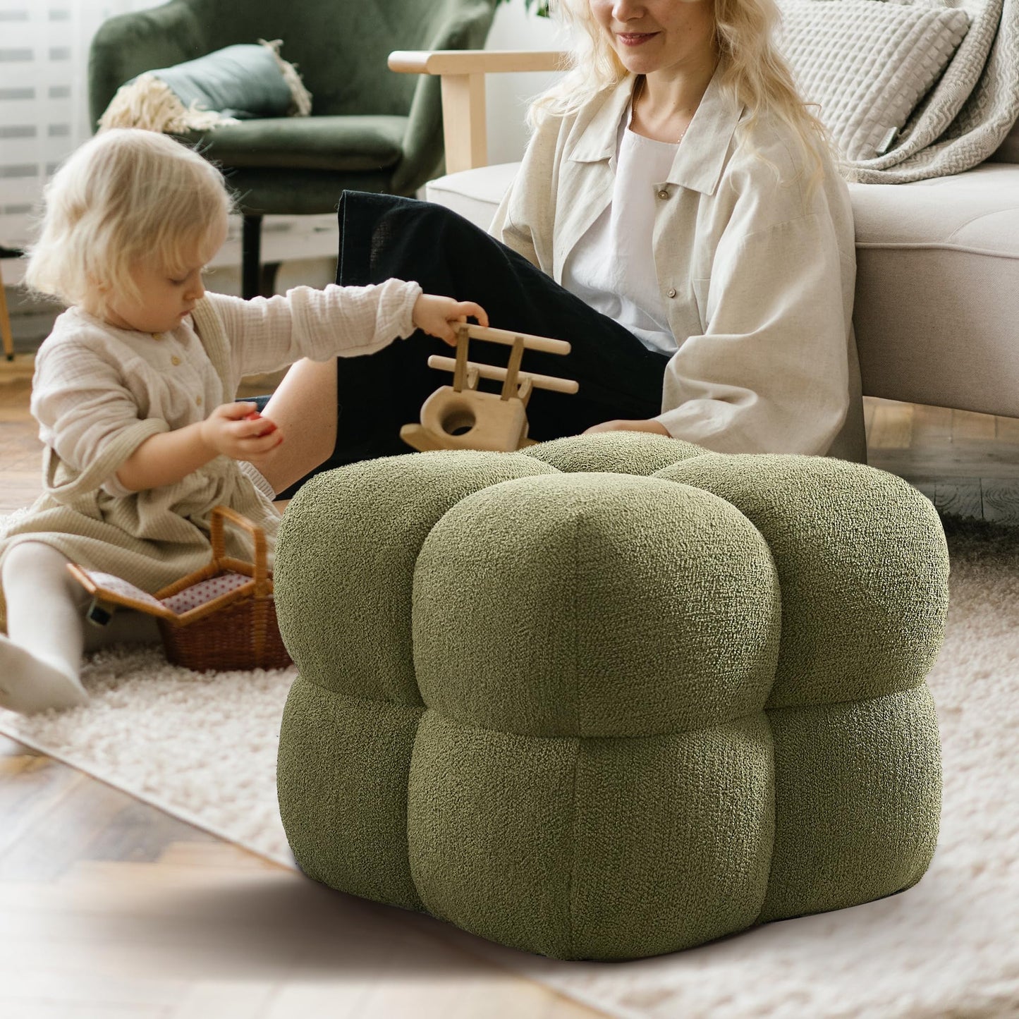 Zesthouse Square Pouf Ottomans Footstool Set of 2, Upholstered Poofy Ottoman for Couch Sofa, Modern Vanity Chair Backless for Living Room, Green Boucle Stool Foot Rest, Fabric Ottoman Coffee Table