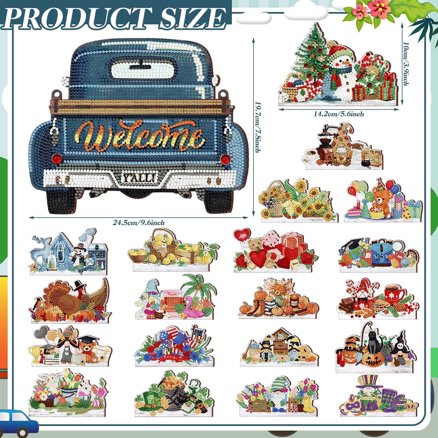Burbell 21 Pcs Interchangeable Diamond Painting Welcome Sign for 4th of July Front Door Diamond Painting Truck Decor Interchangeable Seasonal Welcome Sign for Graduation DIY Wall Window Farmhouse