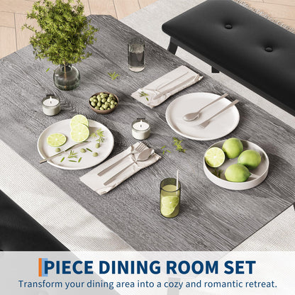 Dining Table for 4, 3-Piece Kitchen Table Set for 4 with Wooden Tabletop and Metal Frame, Industrial Kitchen Table with 2 PU Leather Benches for Bar, Dining Room, Restaurant(43''x28''x30''), Gray