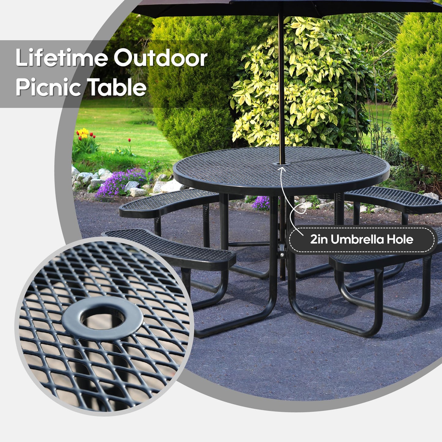 Sunnibety 8-Person Picnic Tables for Outdoors, Industrial 46" Expanded Metal Round Picnic Table with 4 Benches & Umbrella Hole, Outside Table and Bench Set for Park, Garden, Backyard, Patio, Black