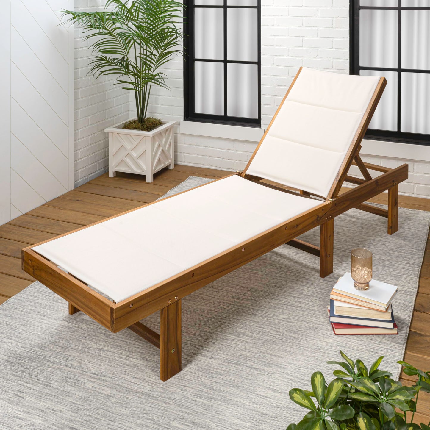 Eyely GNL1103A Quenyth 77.17"x26.38" Modern Minimalist Foldable Adjustable Wood Chaise Outdoor Lounge Chair, for Pool, Deck, Poolside, White/Natural