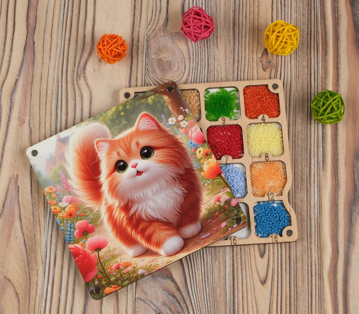 AllAboutEmbroideryUA Wooden Beads Organizer, Beads holder, Diamond painting accessories storage box, Needlework casket, bead keeper, Storage Divider Box (Cat)