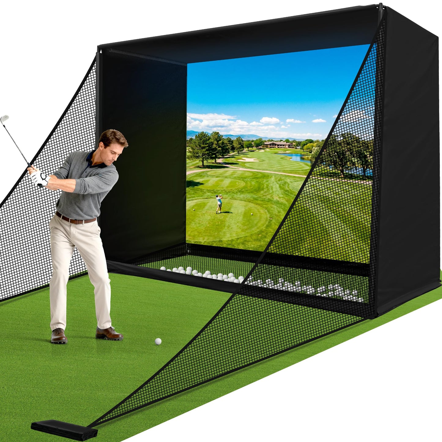 Golf Simulator Enclosure Net 10x8FT Golf Practice Simulator with HD Impact Screen Kit & Sturdy EPE Foam-Filled Frame Golfs Cage Net with Safety Side Nets for Home Indoor Setup