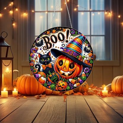 DIY Halloween Acrylic Diamond Art Painting Wreath Kits Special Shaped Rhinestone 5D Diamond Art Window Pendants Home Garden Wall Hanging Kits Hanging Ornament (Pumpkin and Cat)