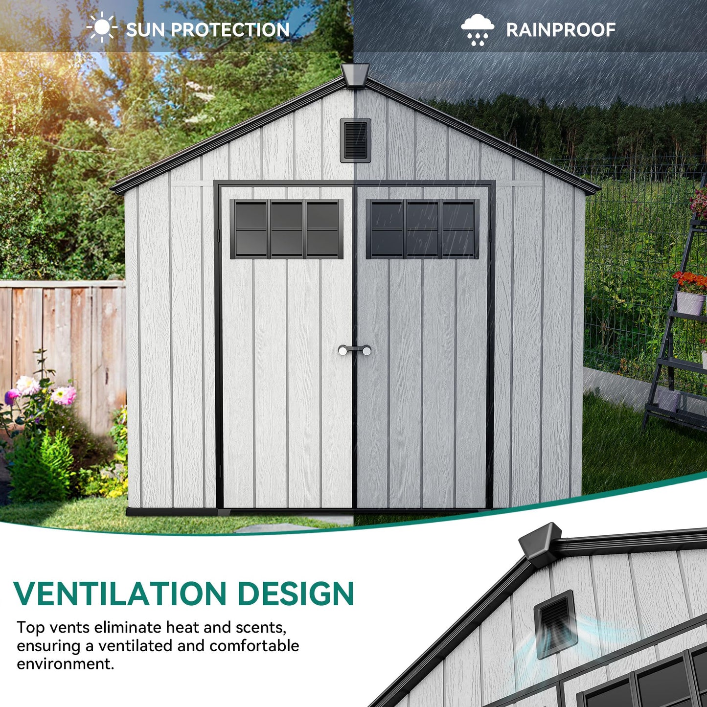 YITAHOME 8x10ft Outdoor Plastic Storage Shed with Floor, Extra Thick Waterproof Garden Shed with Lockable Door, Oval Vision Windows &Vents, 16mm Heavy Duty Tool Storage for Patio, Lawn, Gray