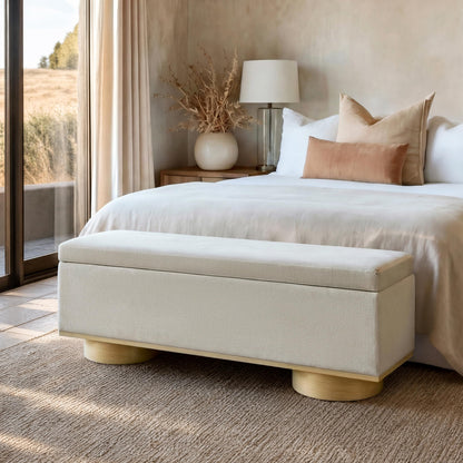 Christopher Knight Home Angie 50" Upholstered Storage Bench for Bedroom, Rectangular Foot Stools Ottoman, Entryway Wood Ottoman Bench, End of Bed Bench, Living Room Sofa Extra Seat, Oatmeal+Natural