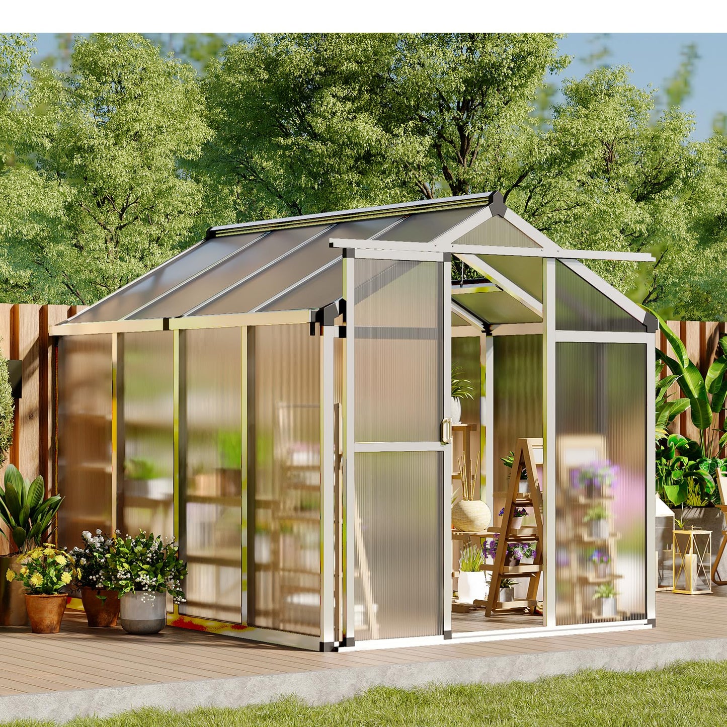 Greenhouse, 6x8 Ft Outdoor Greenhouses, Accessible Green House with Roof Vents and Sliding Doors, Aluminum Frame Polycarbonate Greenhouses, Large Greenhouse for Outdoor Gardens and Backyards, Silver
