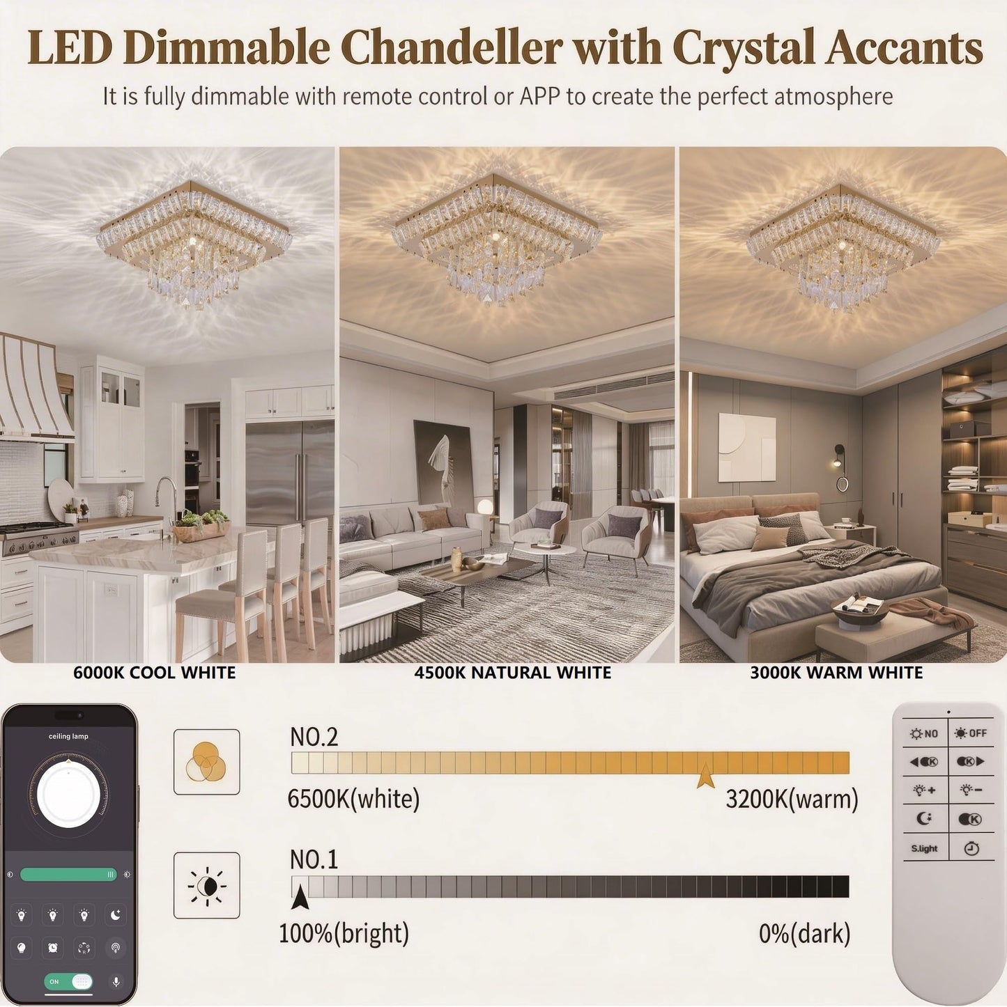 Miuyhji Elegant LED Crystal Raindrop Ceiling Light,24 Inch Square Gold Flush Mount Chandelier Light Fixture,Remote/APP, for Living Room Kitchen Dining Room Bedroom Hallway Entryway Foyer (Dimmable)