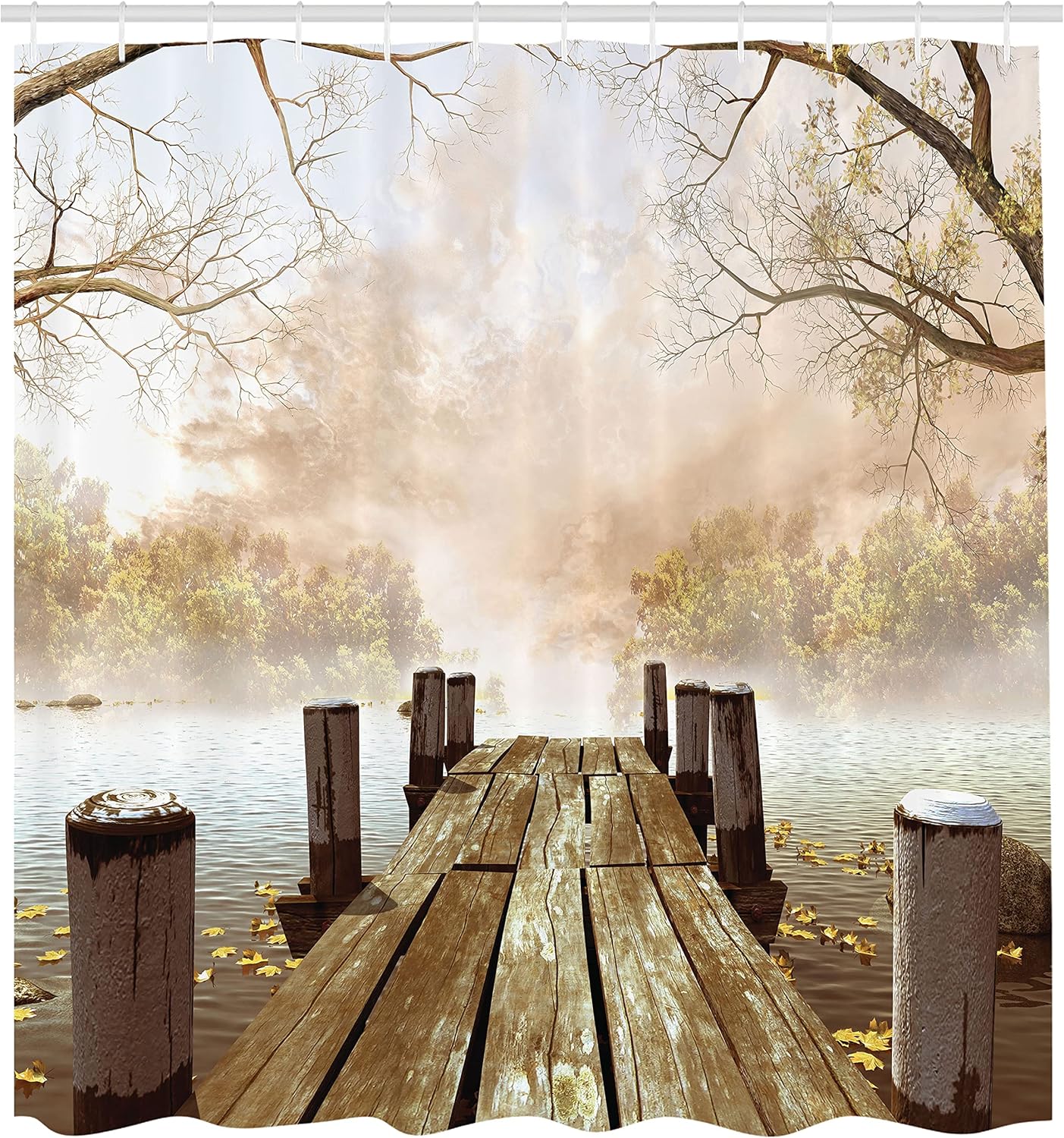Ambesonne Fall Wooden Foggy Scene Lake River Print Shower Curtain - Extra Long, Beige Brown Taupe