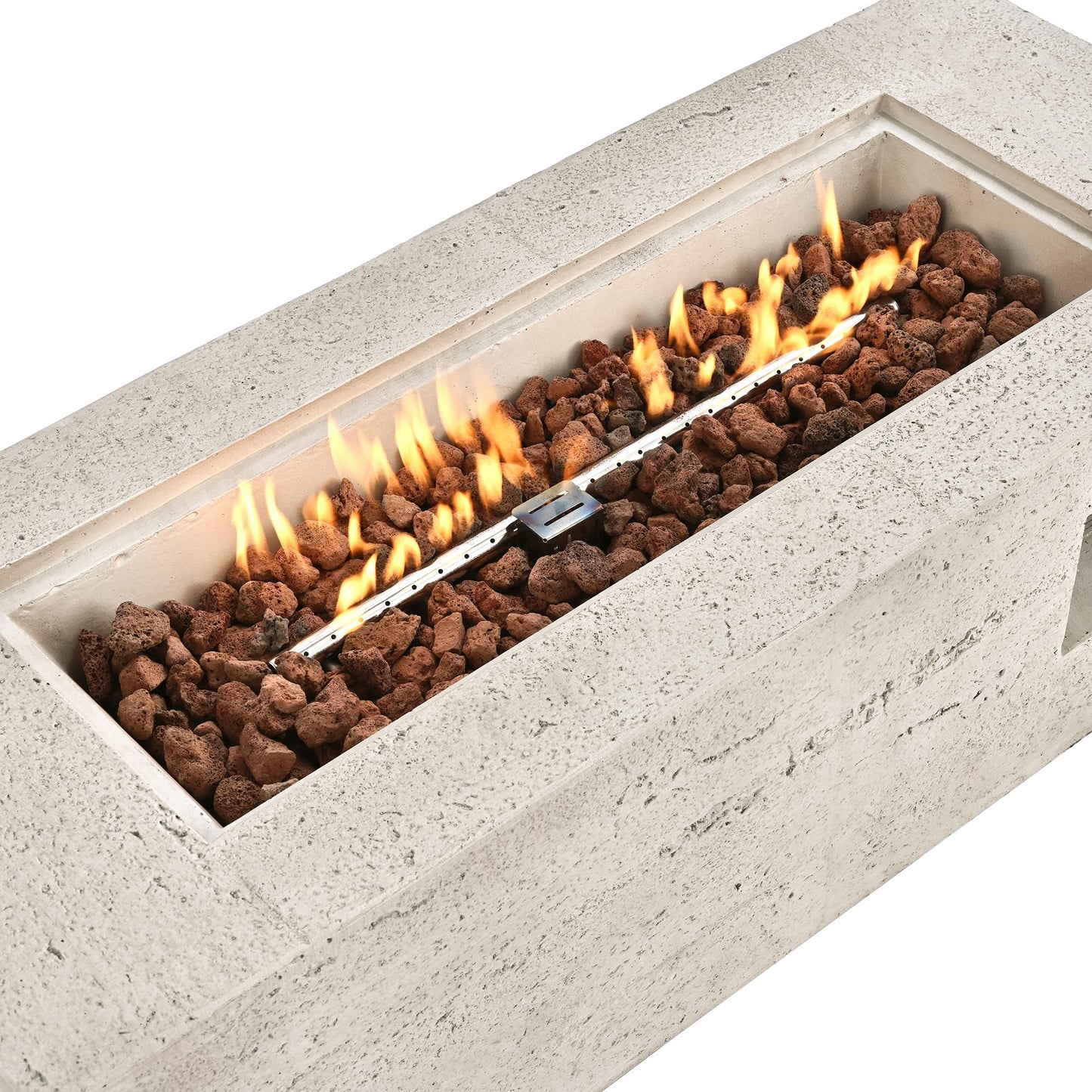 GDFStudio 41.9" MgO Rectangular Propane Fire Pit Table, 40000 BTU Outdoor Fire Pit with Stainless Steel Burner, Lava Rocks & Waterproof Cover, Tabletop Fire Pit for Backyard Patio Parties, Beige+Gray
