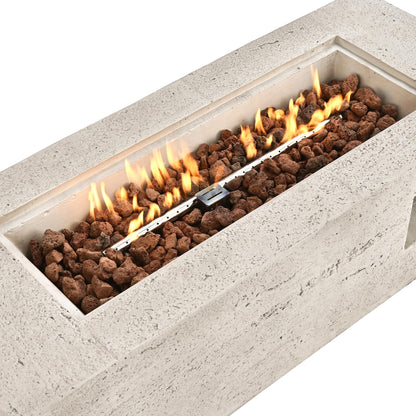 GDFStudio 41.9" MgO Rectangular Propane Fire Pit Table, 40000 BTU Outdoor Fire Pit with Stainless Steel Burner, Lava Rocks & Waterproof Cover, Tabletop Fire Pit for Backyard Patio Parties, Beige+Gray