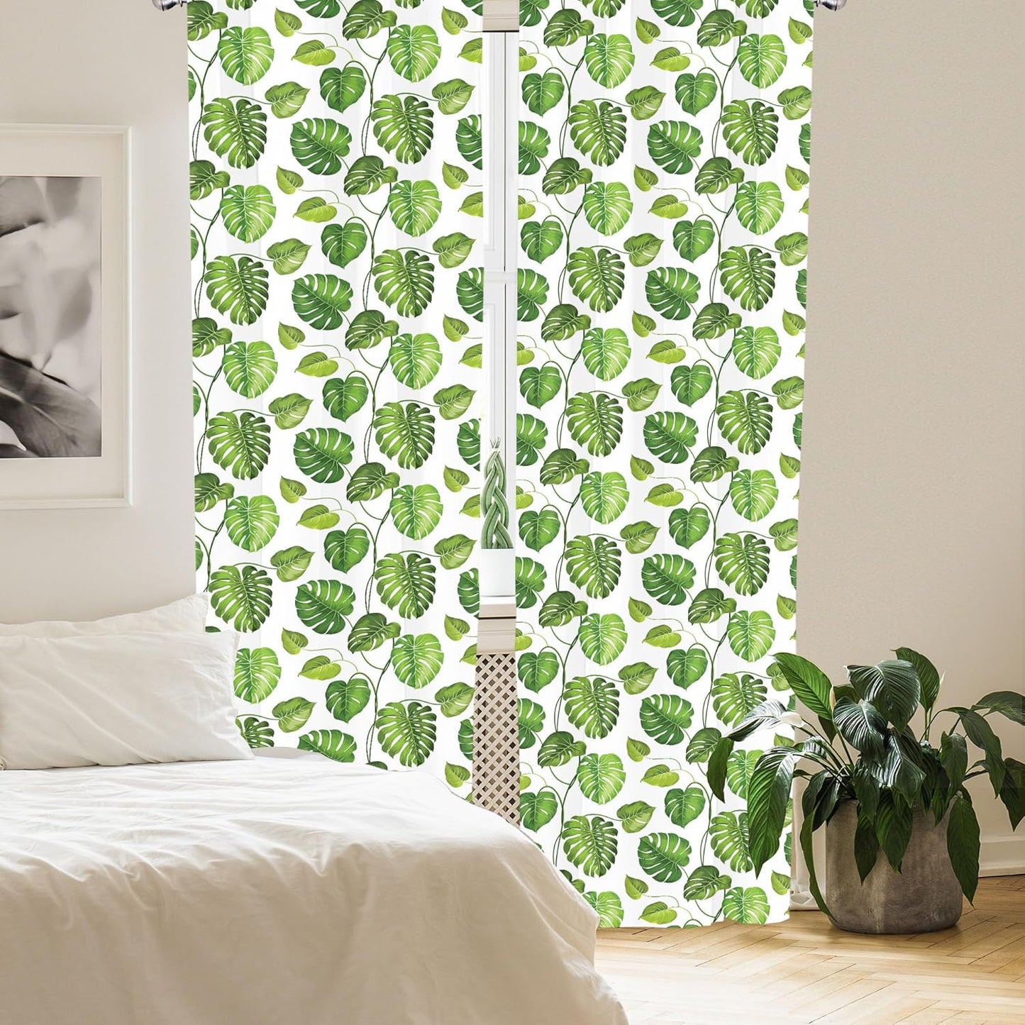 Lunarable Leaf Window Curtains, Tropical Jungle Rainforest Leaves Art Print, 2-Panel Set, 28" x 63", Green White