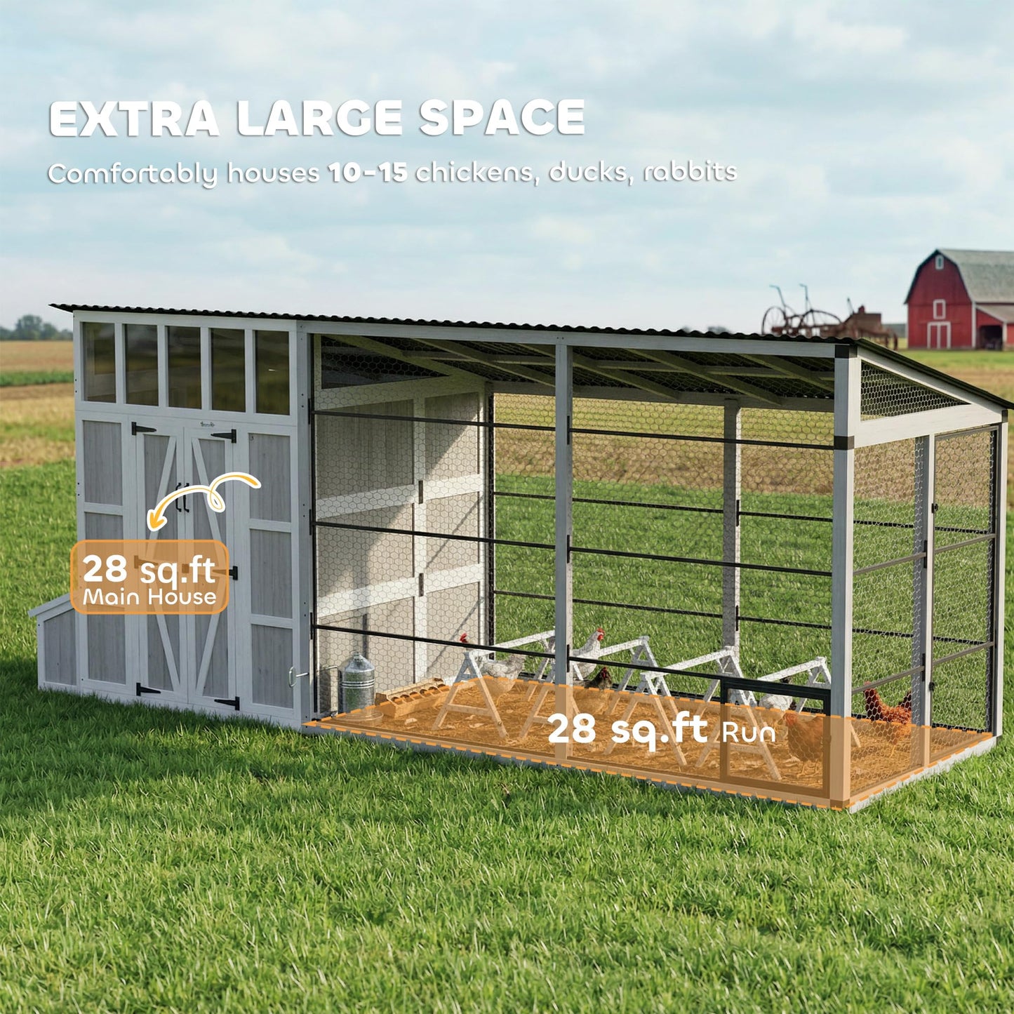PawHut 212" L Large Chicken Coop for 10-15 Hens, Walk-in Outdoor Chicken House with Shovel, Run, Nesting Box, Weatherproof Roof, Perches, Wooden Hen House Poultry Cage for Ducks, Rabbits