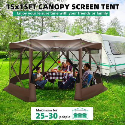 COBIZI 15x15FT Pop Up Gazebo Screen Tent Screen House for Camping, Screen Room with Mosquito Netting, Hub Tent Instant Screened Canopy with Carrying Bag and Ground Stakes, Brown