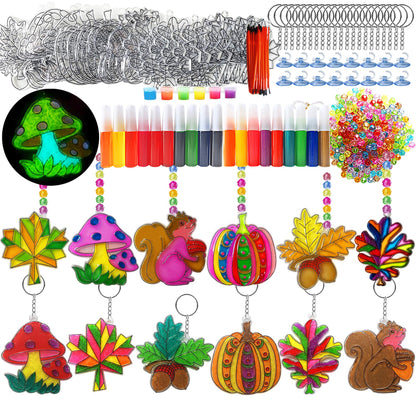 Ayhuhra 30 Sets Fall Leaf Pumpkin Acorn Suncatchers Keychains Craft Kits DIY Window Art Paint Kit Fall Arts and Crafts Maple Leaf Sun Catchers for Seniors Autumn Thanksgiving Art Project