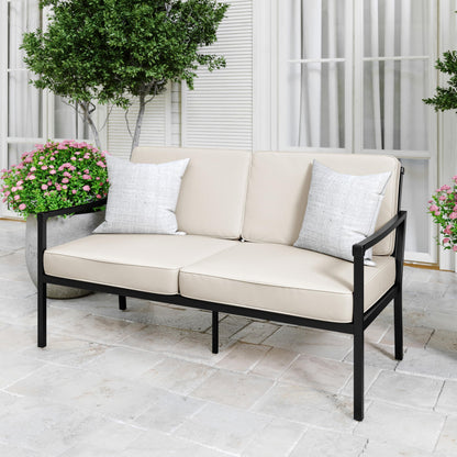 Martha Stewart Lily Pond All-Weather Patio Loveseat with Elevated Backrest Design and Steel Frame in Black with Cream Cushions