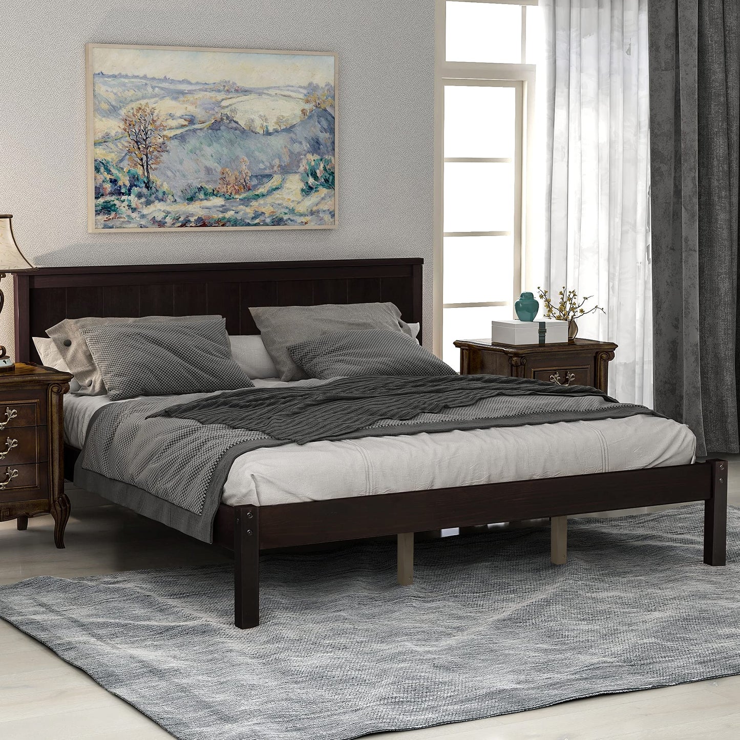 Jintop Queen Size Platform Bed Frame with Headboard,Bedroom Stylish Bed W/Wood Slat Support & No Box Spring Required,Easy to Assemble,for Kids Teens Girls Boys,Espresso