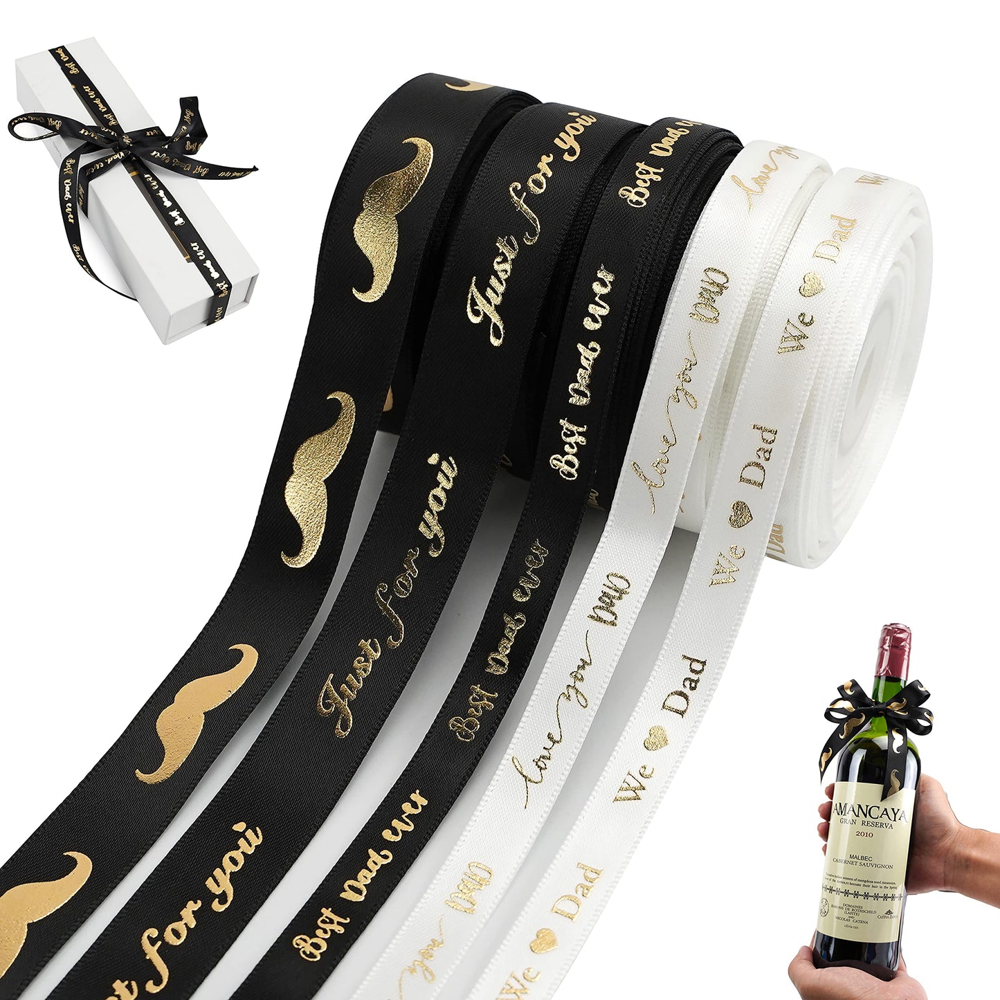 MEEDEE Happy Father's Day Ribbon Fathers Day Decorations Gift Box Wrapping Paper Decor Thank You Satin Thin Ribbon Assorted Black Satin, 5 Rolls with 10 Yards Each Total 50 Yards