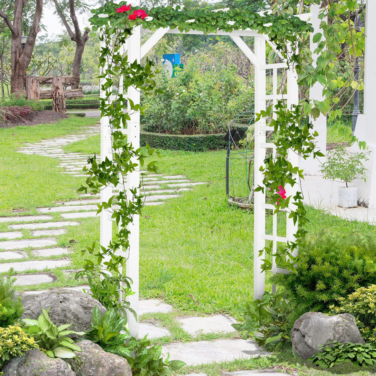 85" Wooden Garden Arbor for Wedding Ceremony, White Outdoor Arch Trellis for Climbing Vines, Heavy Duty Wood Frame for Garden, Patio, Backyard Decor