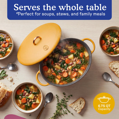 Great Jones Dutchess Cast Iron Dutch Oven Pot With Lid (Mustard) - Large 6.75 Quart Size, Dual Handles - All Stovetop Safe - 500° Dutch Oven For Bread Baking | Dishwasher Friendly