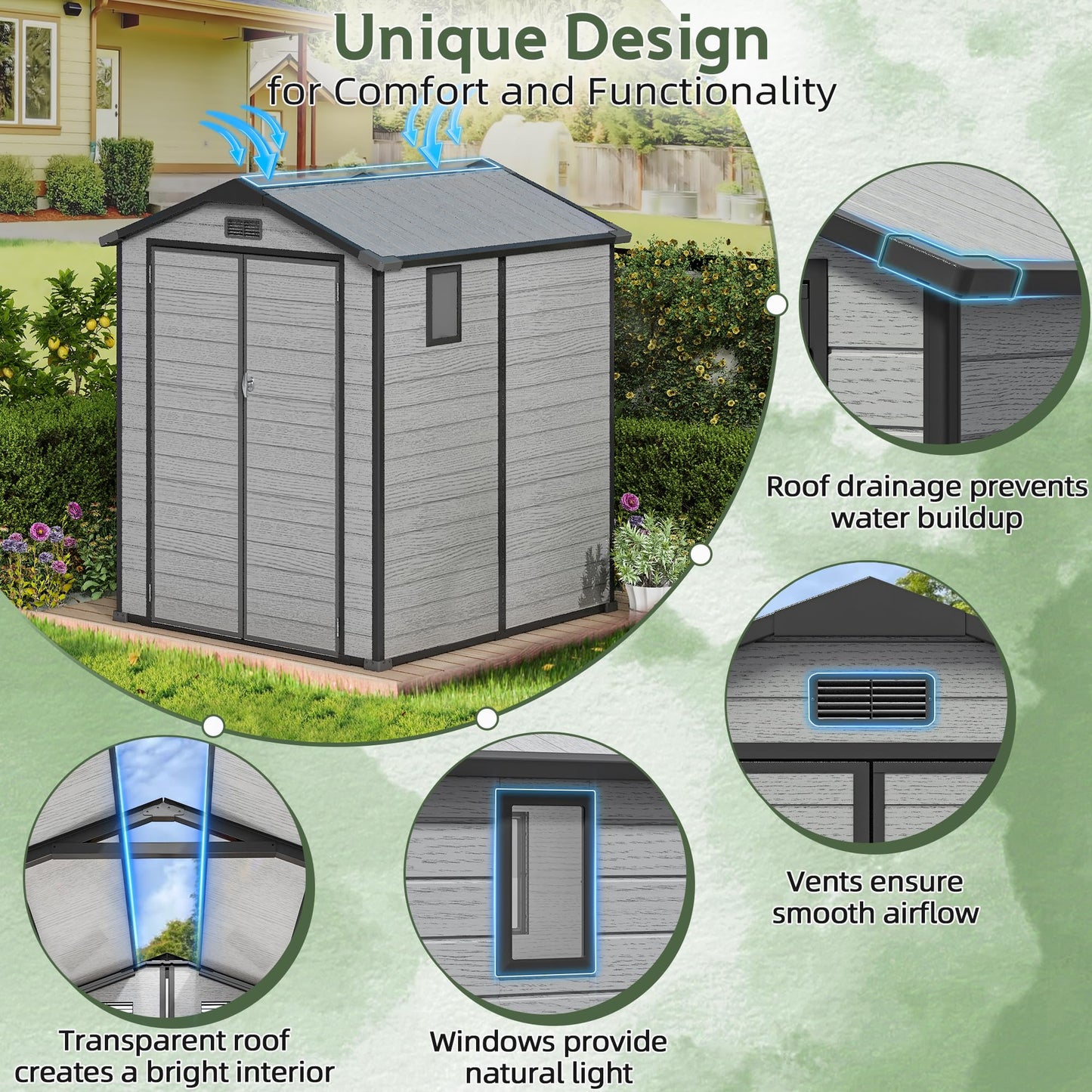6x6 FT Plastic Outdoor Storage Shed with Transparent Roof, Easy Assembly Resin Shed with Floor Lockable Shed with Double Doors for Your Backyard Garden Patio Lawn