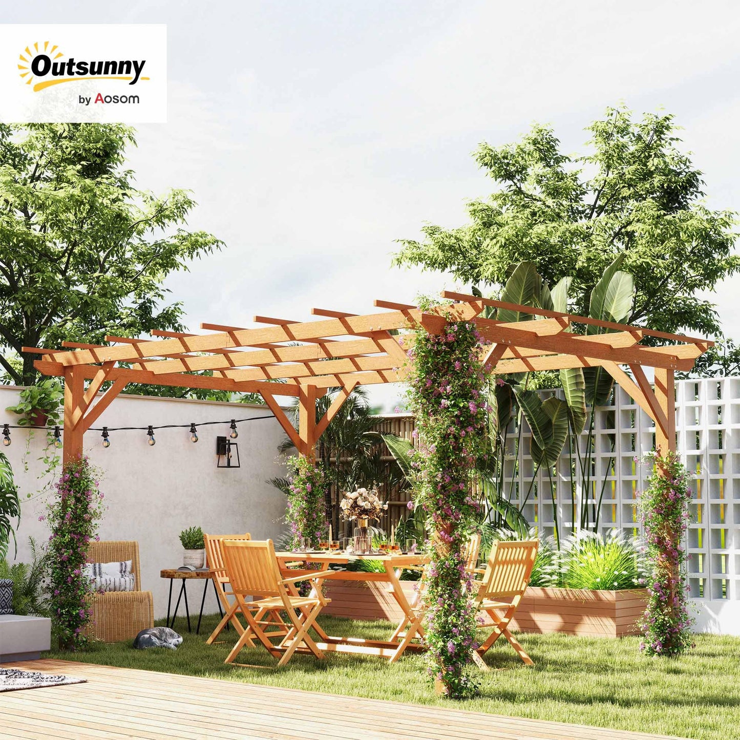 Outsunny 10' x 13' Outdoor Pergola, Wood Gazebo Grape Trellis with Stable Structure and Concrete Anchors for Climbing Plant Support, Garden, Patio, Backyard, Deck, Dark Brown