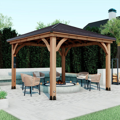 Backyard Discovery Barrington 12' x 12' Cedar Wood Outdoor Gazebo Pavilion with Hardtop Galvanized Steel Hip Roof, Snow Support, Wind Resistance, PowerPort, Shade for Garden, Patio, Deck, Entertaining