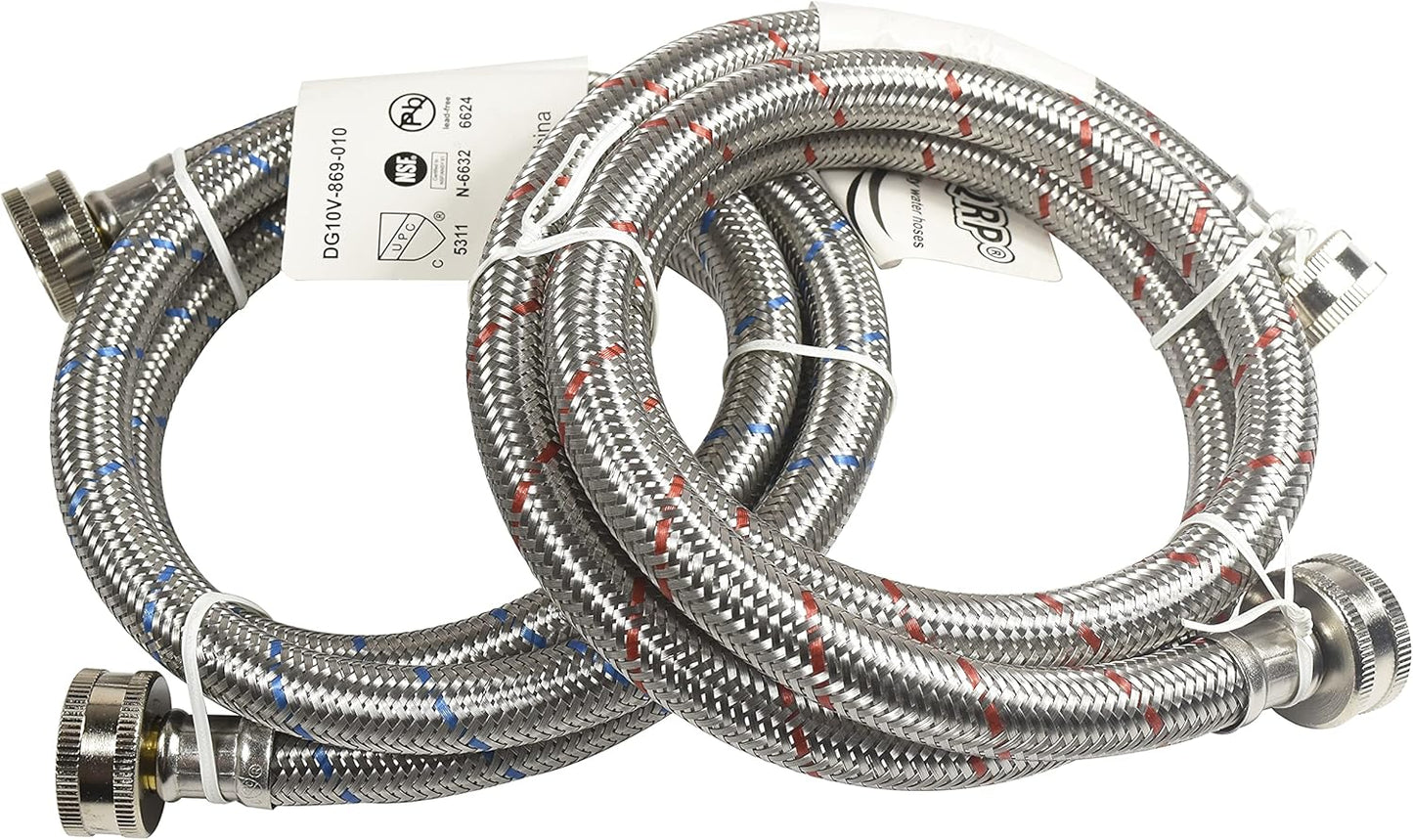 HQRP Premium Stainless Steel Washing Machine Hoses, 4-FT Burst Proof, 2-pack Red and Blue Striped