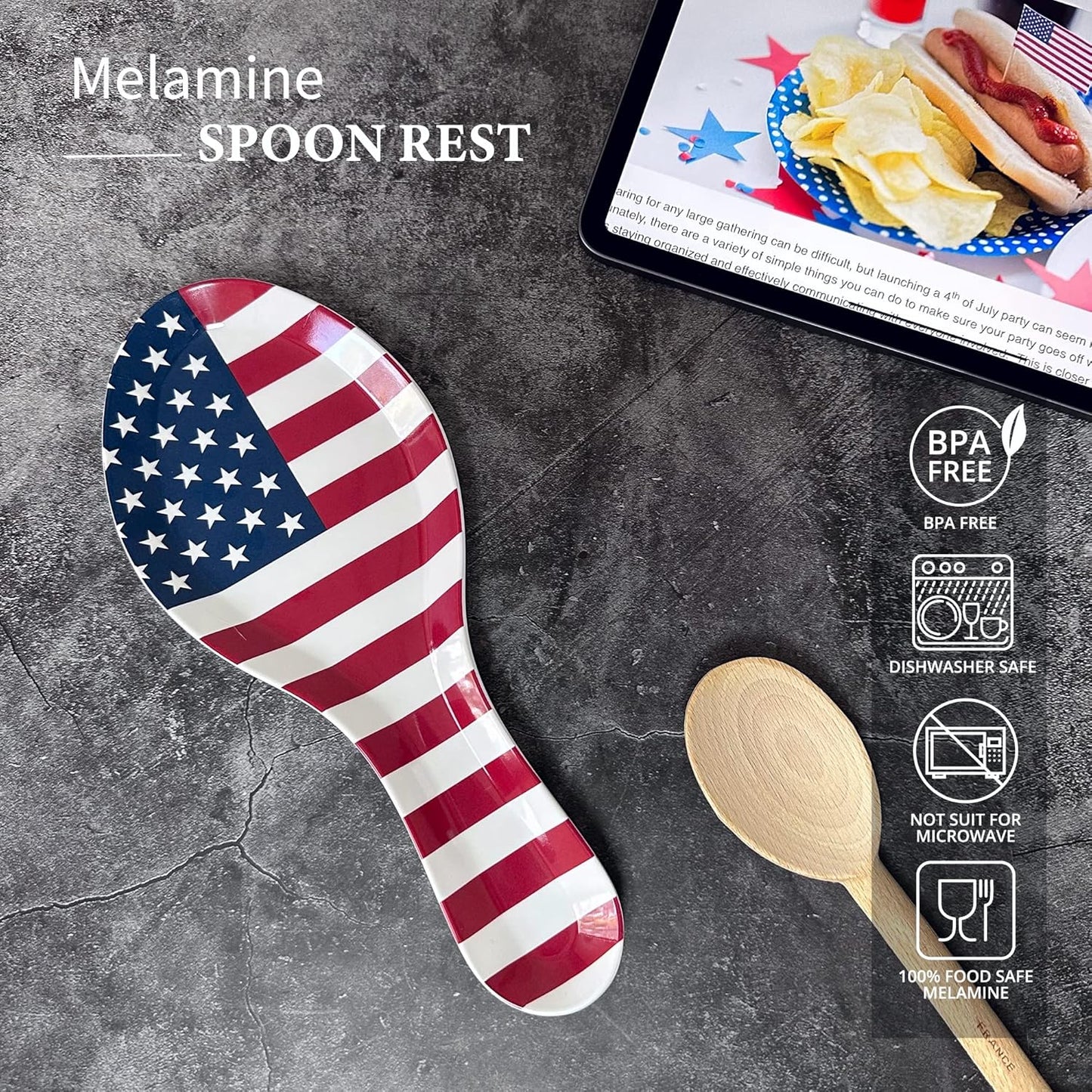 UPware 9.625 Inch Melamine Spoon Rest, Kitchen Utensil Holder for Counter and Dining Table (American Flag)