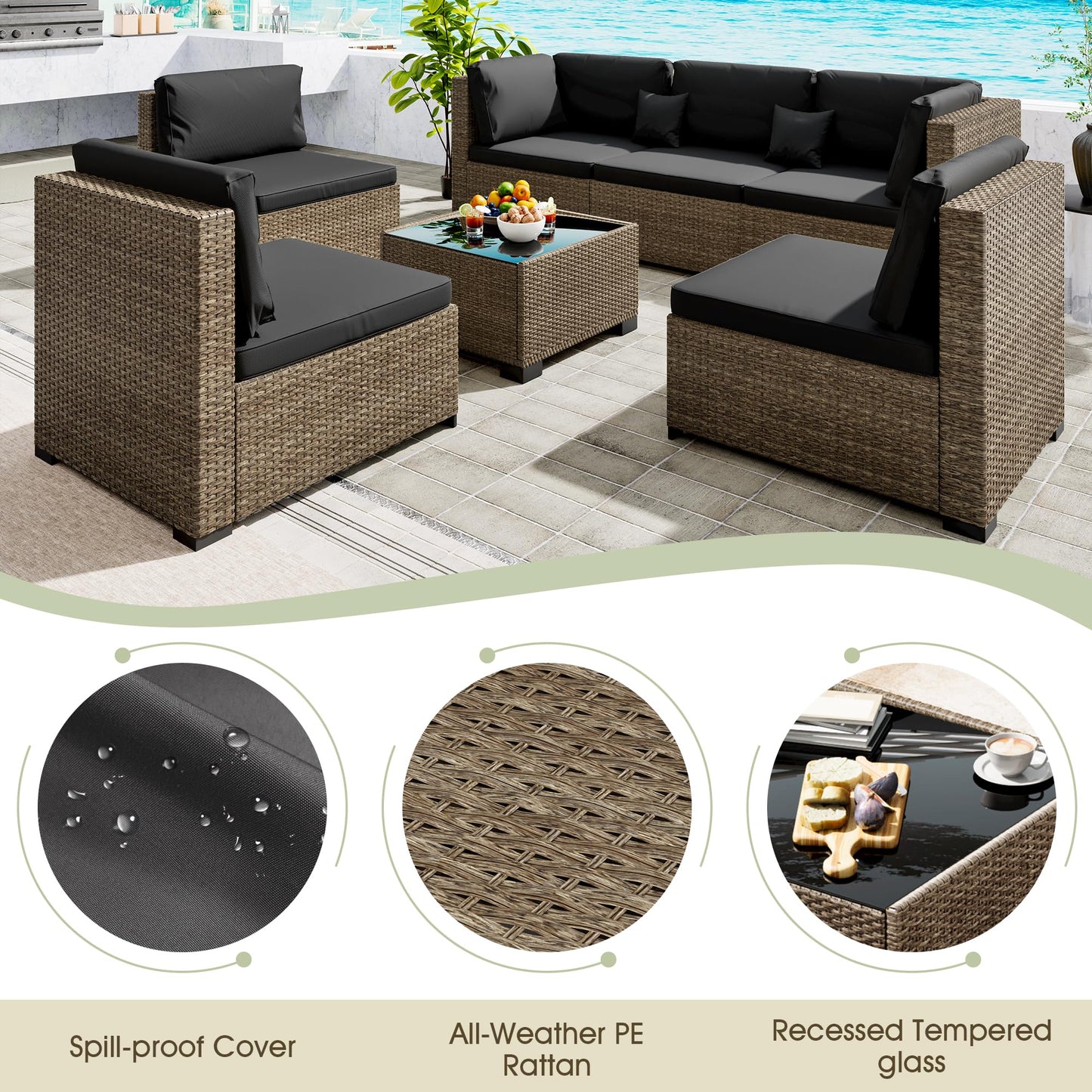 LHBcraft 7 Piece Patio Outdoor Furniture Set, Outdoor Sectional, All-Weather Manual Weaving PE Rattan Wicker Patio Sectional Sofa, Rattan Outside Furniture with Black Cushion and Glass Coffee Table